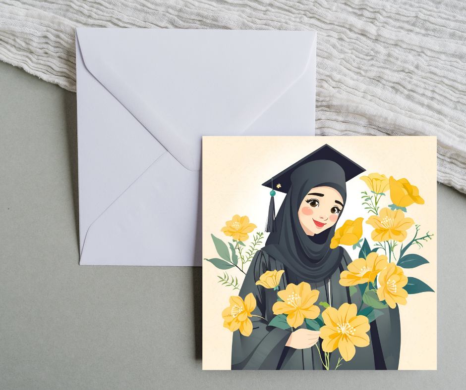 Female holding yellow flower Graduation greeting card 5.8 inch by 5.8 inch (Copy) (Copy)