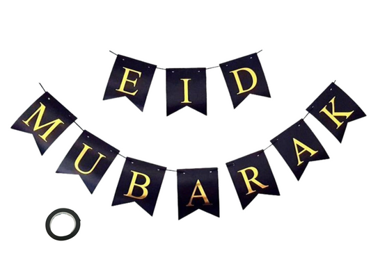 Eid Mubarak Black and Gold Banner, Eid party decoration, Eid Bunting for eid celebrations after Ramadan