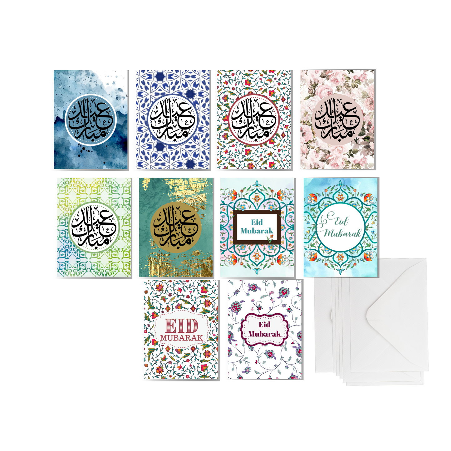 Bulk packet with 10 different Eid cards in A6 size, Eid cards with envelopes with inside blank, Perfect for Eid, Eid cards