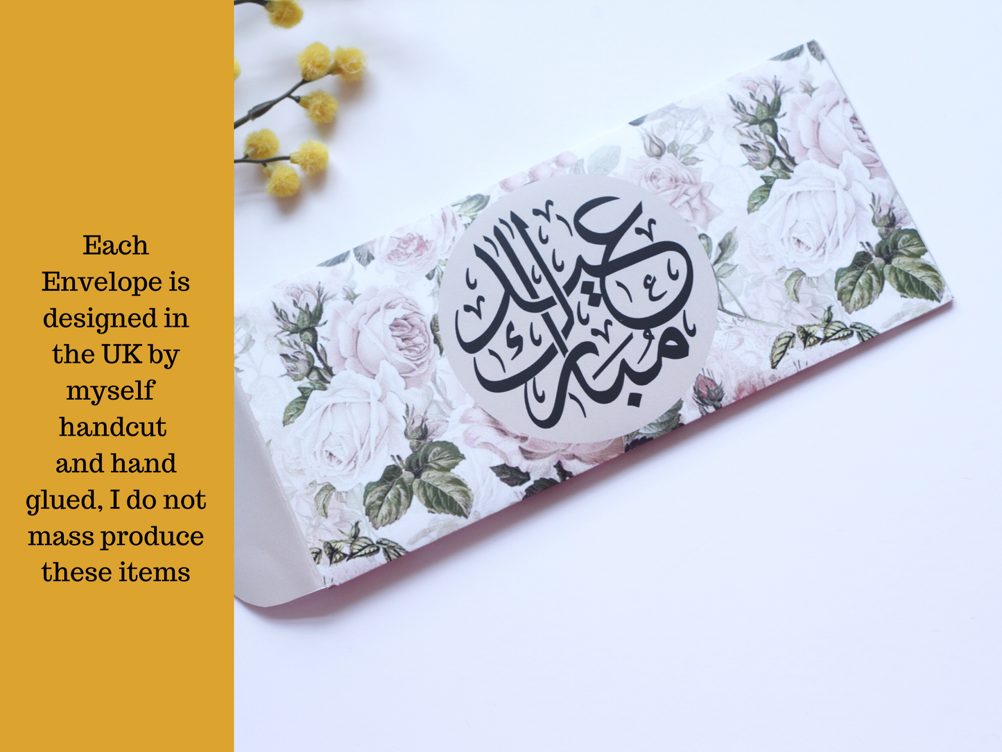 Vintage Floral Pack of 6 Eid Mubarak Envelope in Arabic, Eid Money Packets For Eid day, Arabic Eid Mubarak font on Silk 170gsm envelope