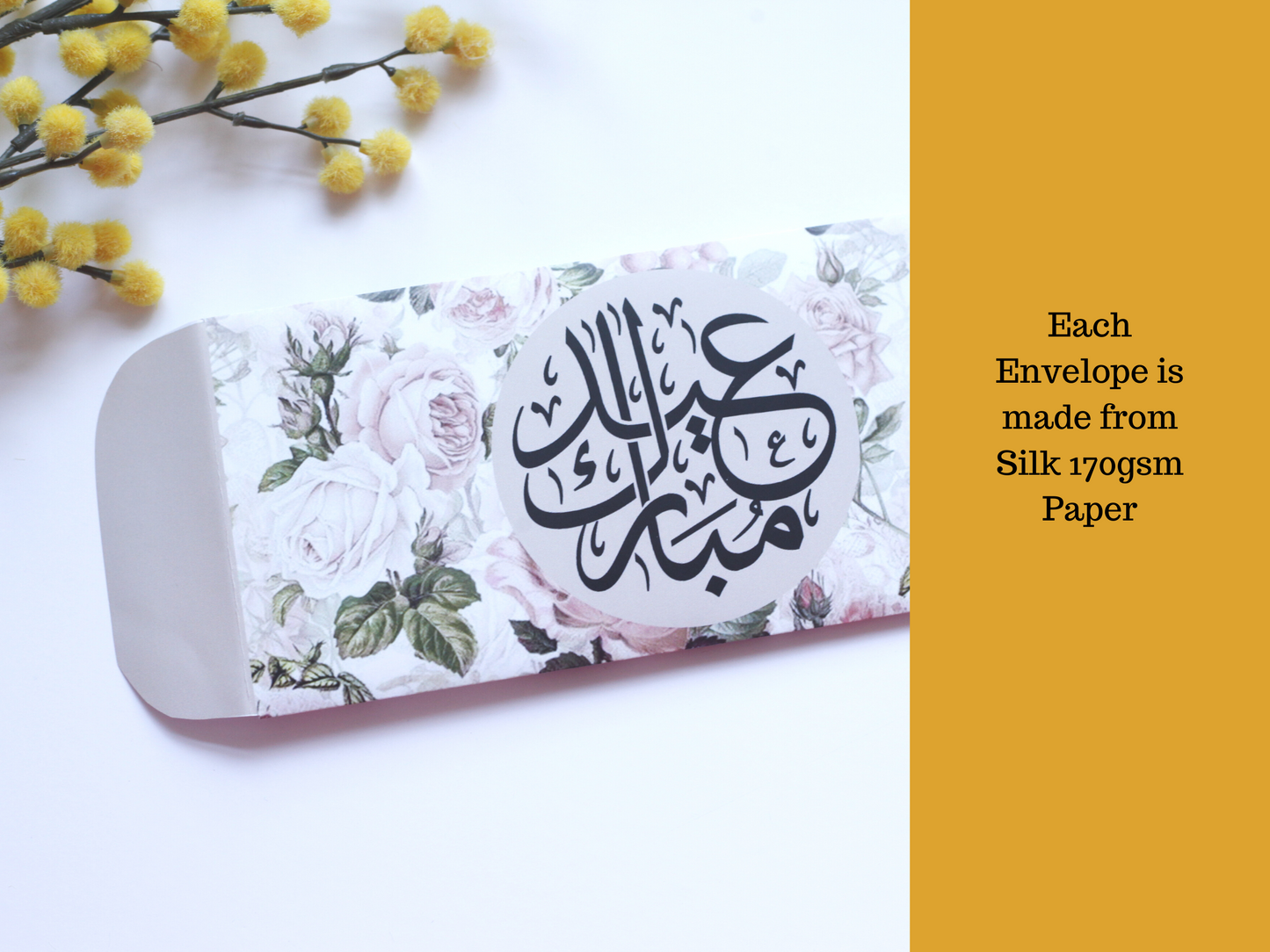 Vintage Floral Pack of 6 Eid Mubarak Envelope in Arabic, Eid Money Packets For Eid day, Arabic Eid Mubarak font on Silk 170gsm envelope