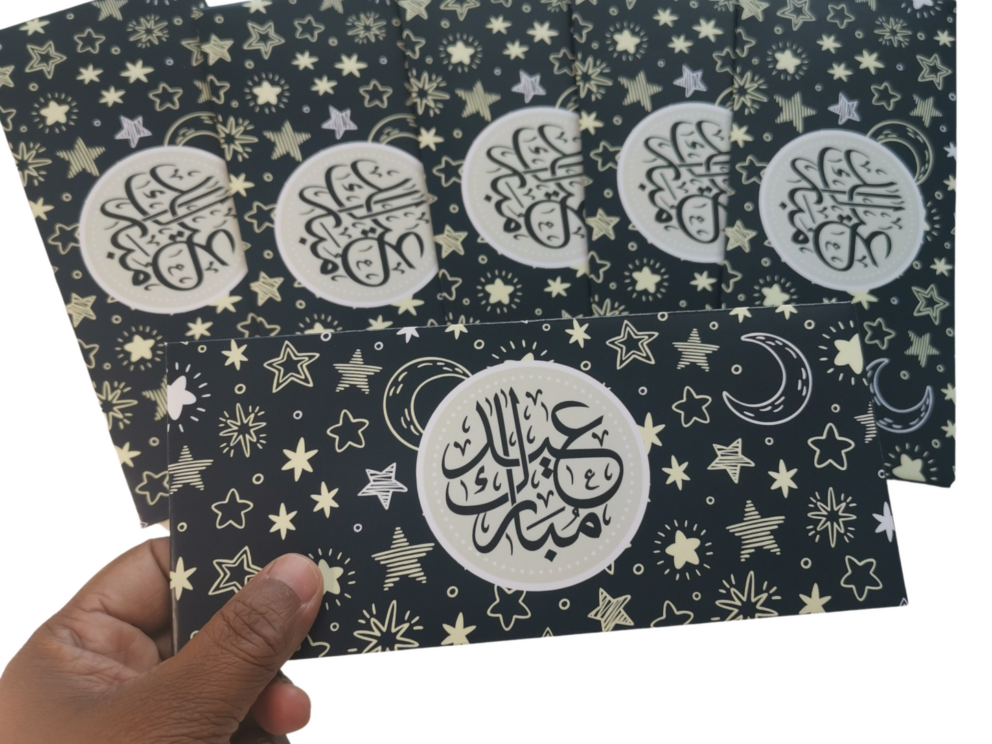 Black  Pack of 6 Eid Mubarak Envelope in Arabic, Eid Money Packets For Eid day, Arabic Eid Mubarak font on Silk 170gsm envelope