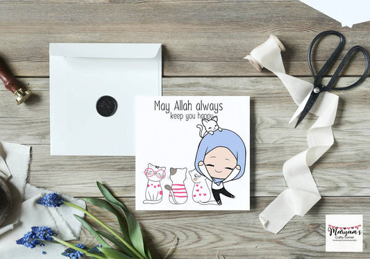 Muslim hijabi woman, girl with cat , ideal islamic greeting card for eid or any other occasion