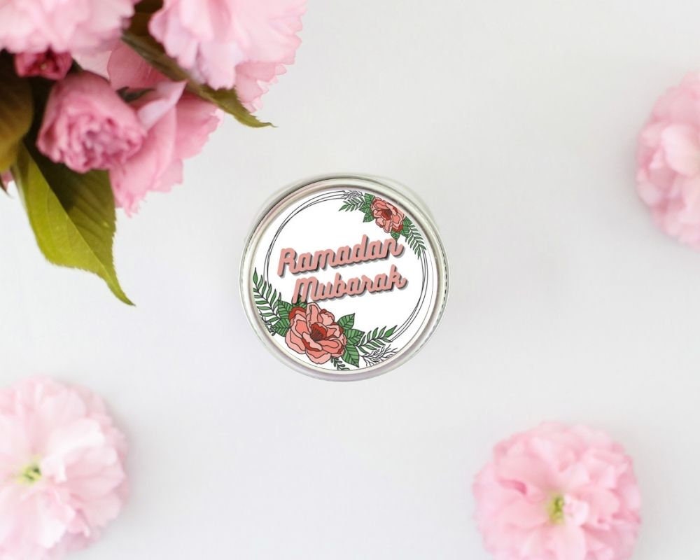 Tropical Floral Ramadan Mubarak  or Eid Mubarak round stickers ideal for sweet cones, gifts and sticker on jars, Perfect Eid Gift