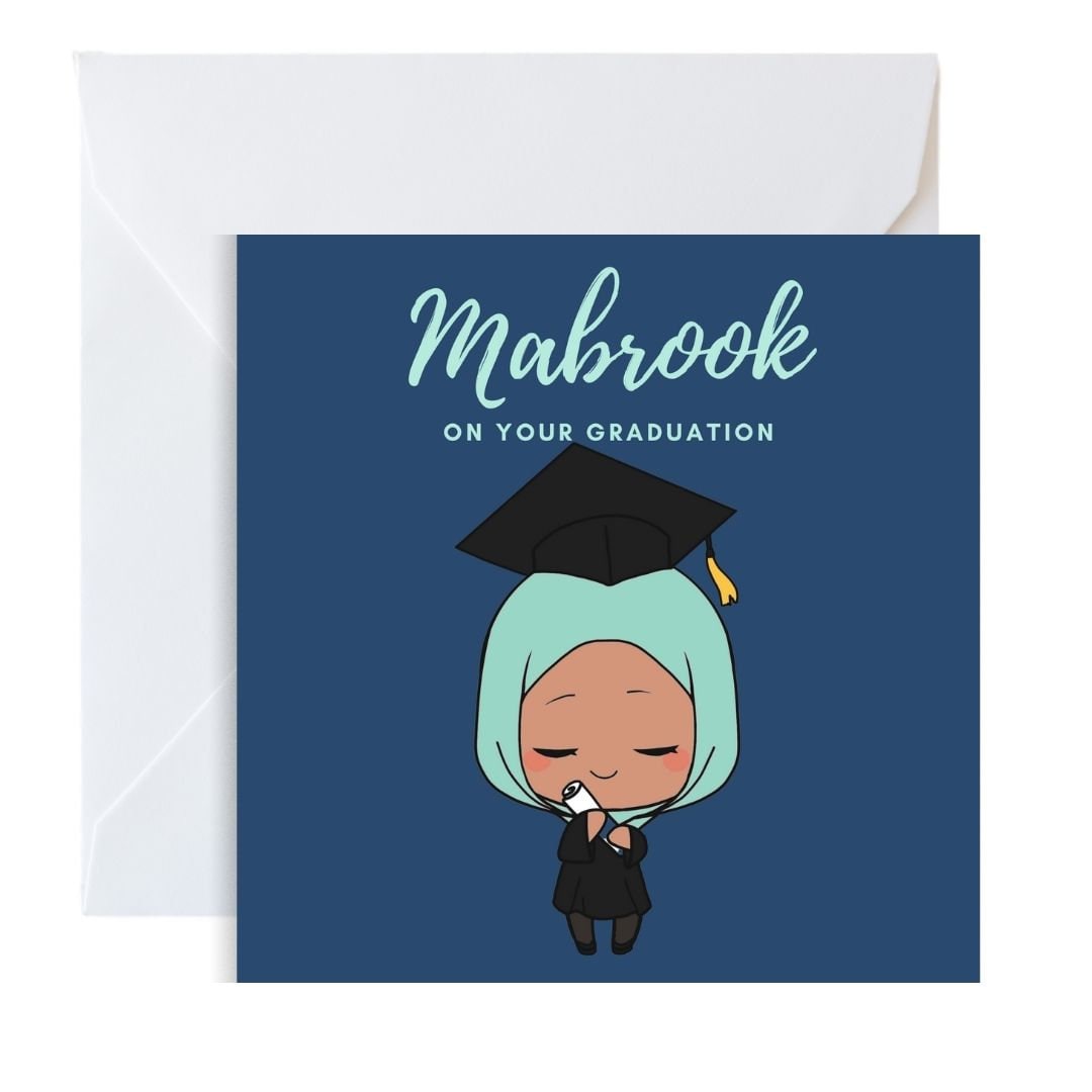 Asian, Brown Skin tones Graduation Muslim greeting card, special greeting card, Arabic Mabrook