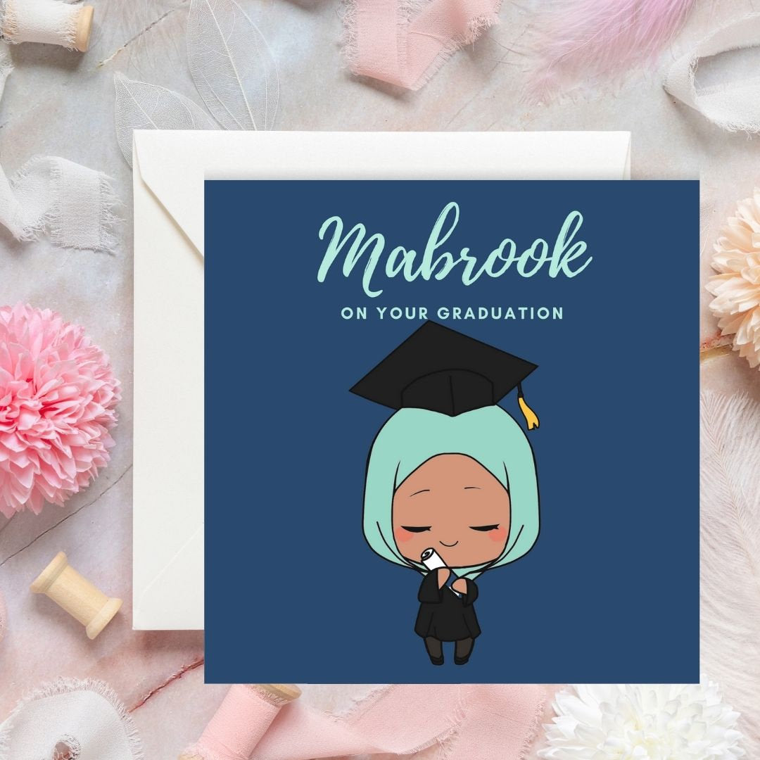 Asian, Brown Skin tones Graduation Muslim greeting card, special greeting card, Arabic Mabrook