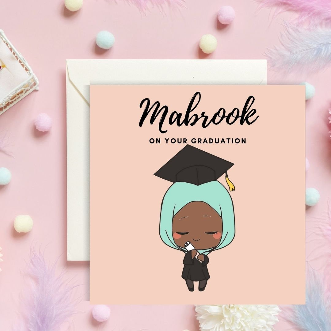 Asian, Brown Skin tones Graduation Muslim greeting card, special greeting card, Arabic Mabrook