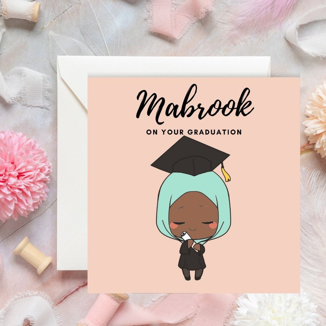 Asian, Brown Skin tones Graduation Muslim greeting card, special greeting card, Arabic Mabrook