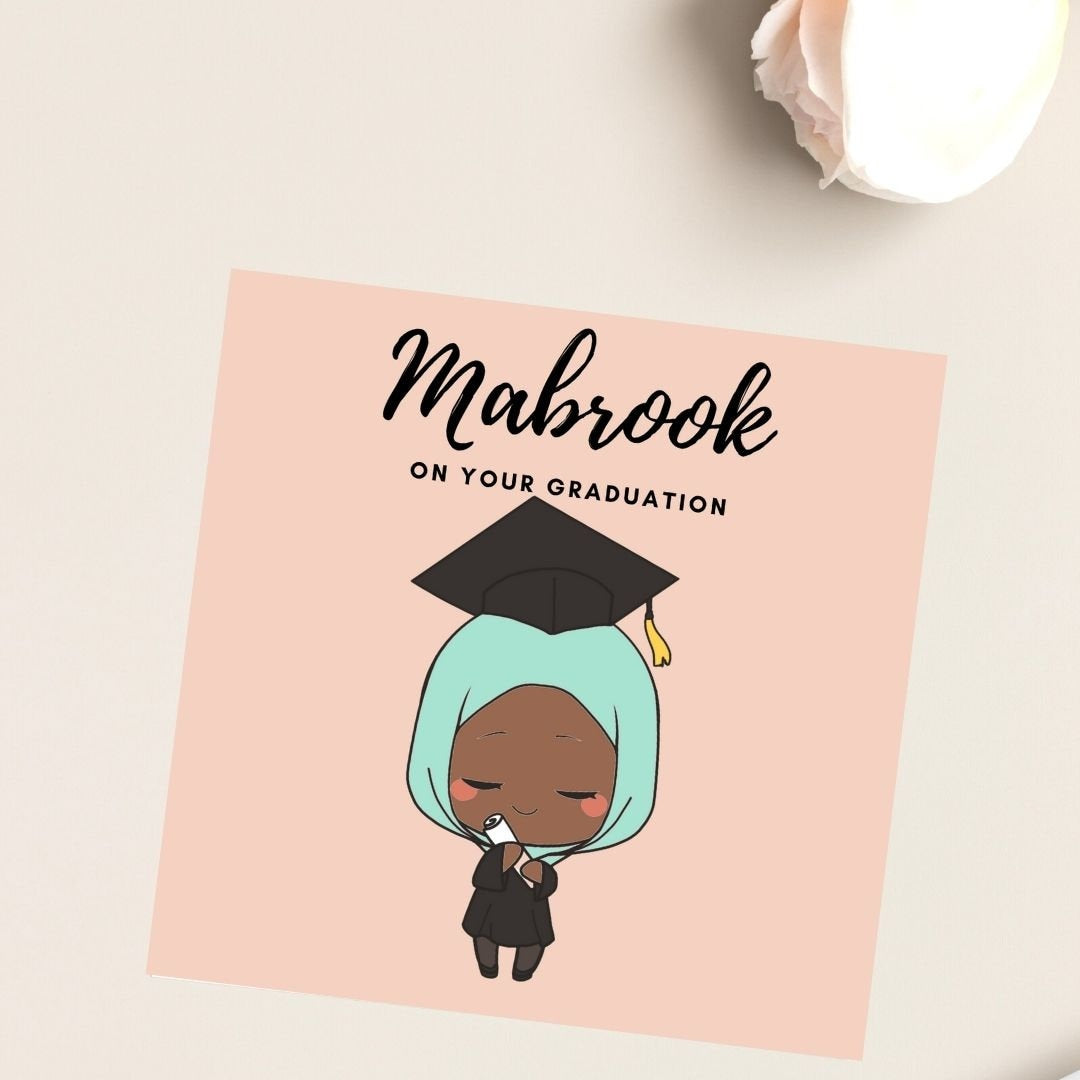 Asian, Brown Skin tones Graduation Muslim greeting card, special greeting card, Arabic Mabrook