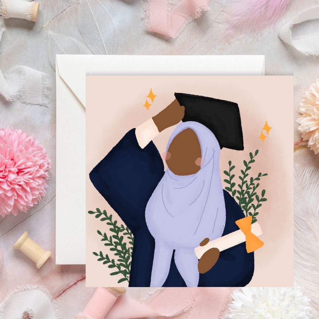 Asian, Brown Skin tones Graduation Muslim greeting card, special greeting card, Arabic Mabrook