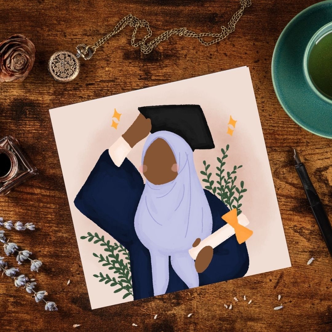 Asian, Brown Skin tones Graduation Muslim greeting card, special greeting card, Arabic Mabrook