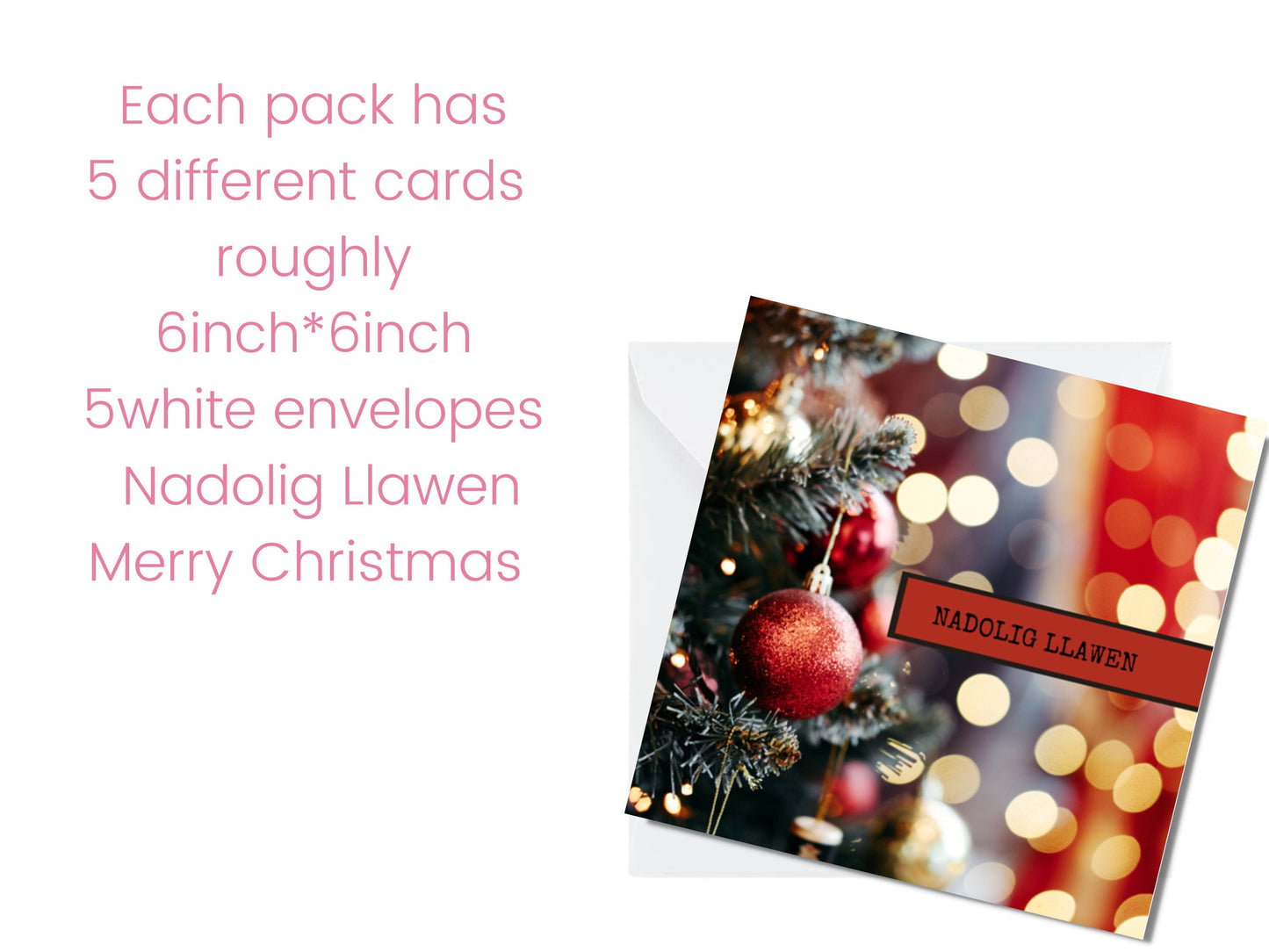 Welsh Nadolig Llawen greeting cards, 5 cards in a pack, Welsh cards, 350gsm card with envelope 6inch by 6inch design