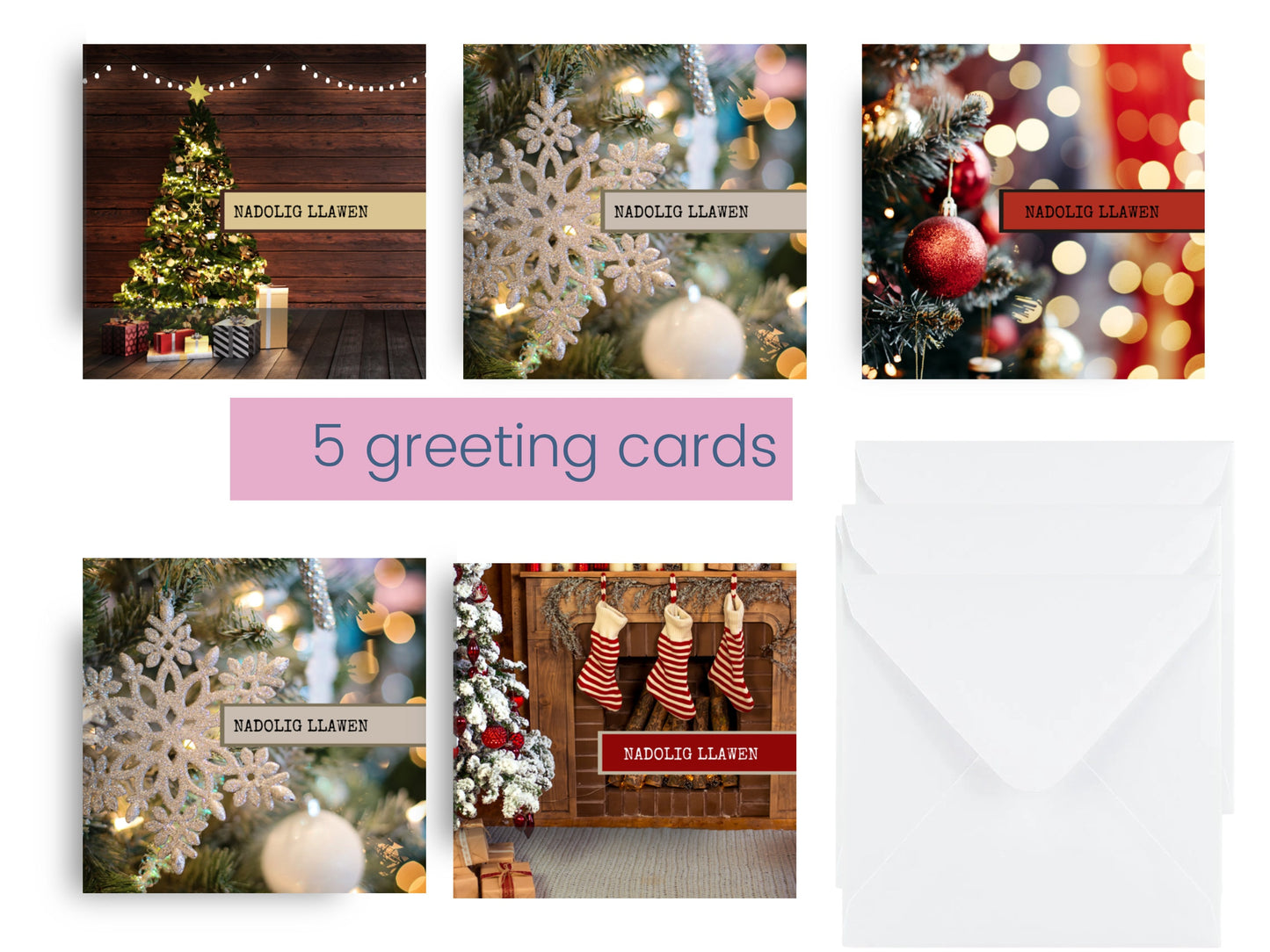 Welsh Nadolig Llawen greeting cards, 5 cards in a pack, Welsh cards, 350gsm card with envelope 6inch by 6inch design