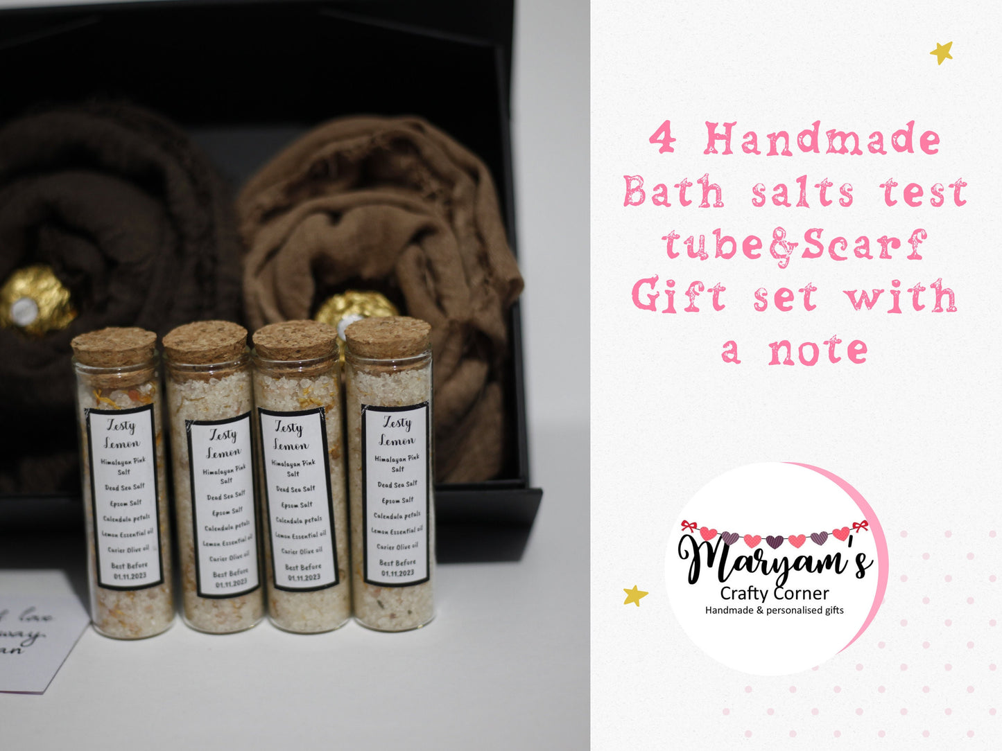 Scarf gift box set with handmade bath salts, chocolates, gift card and gift message, gifts for her, gifts for Christmas, Gifts for Mum,