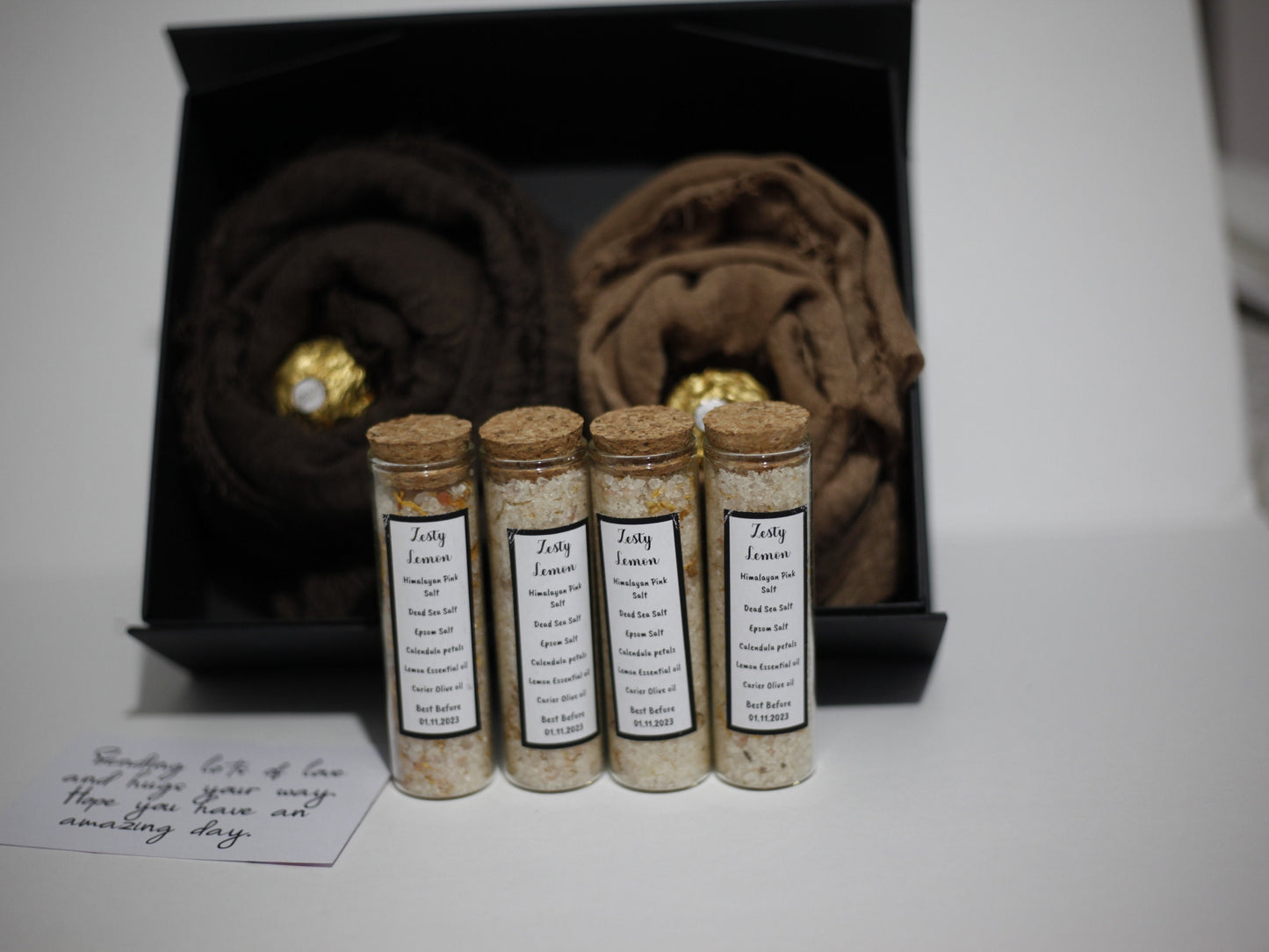 Scarf gift box set with handmade bath salts, chocolates, gift card and gift message, gifts for her, gifts for Christmas, Gifts for Mum,