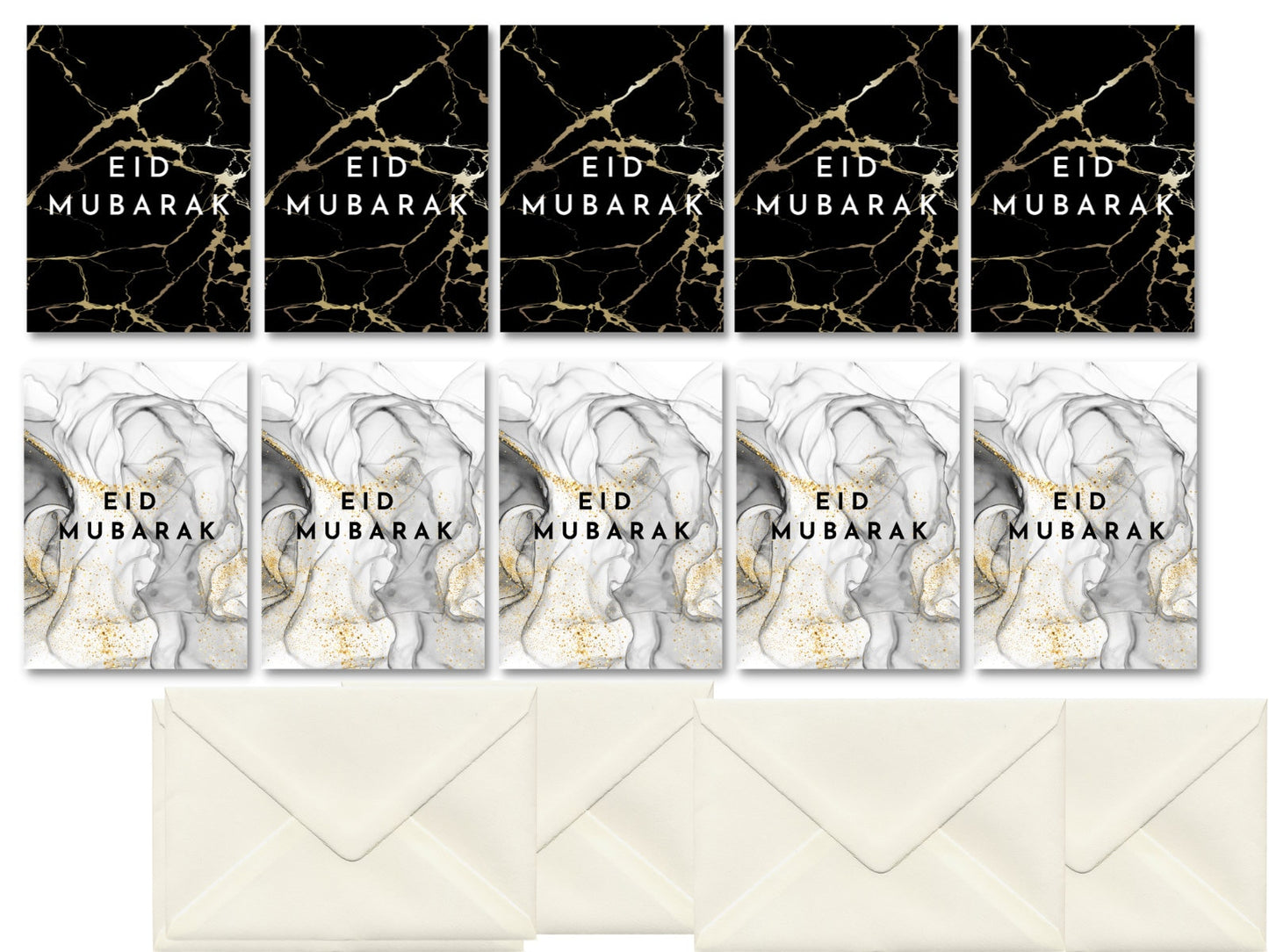 Pack of 10 Eid Mubarak greeting cards, 5 black and 5 grey with 10 envelopes, Great value Eid Mubarak cards with envelope