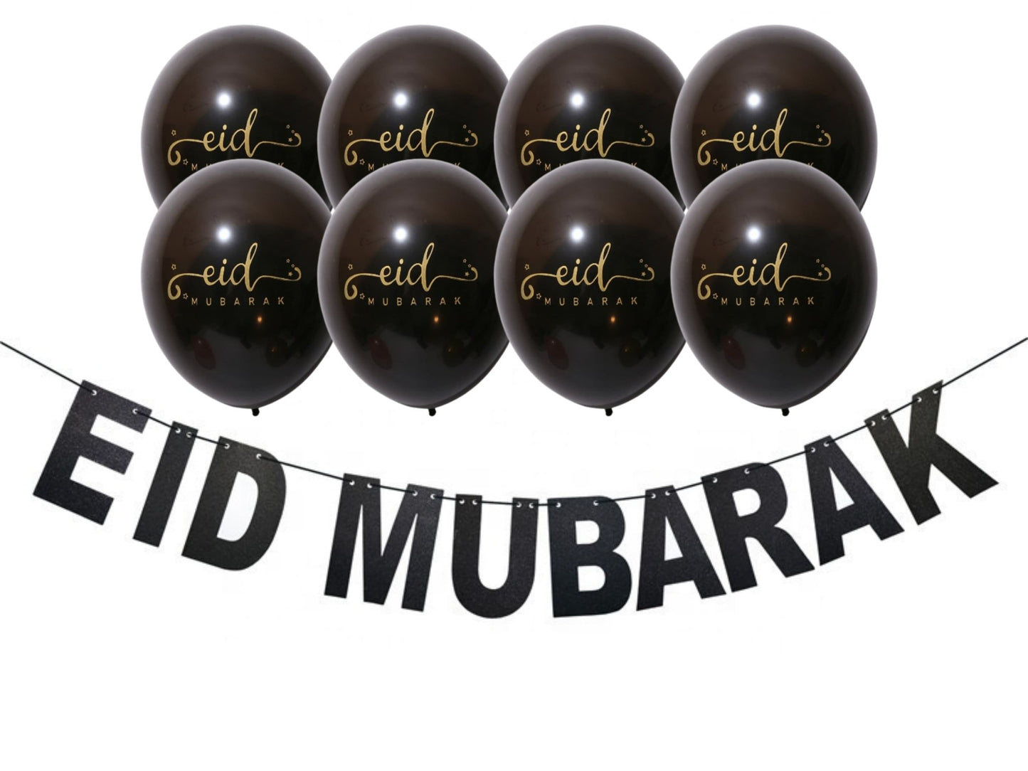 Black Eid Banner and 10 inch Balloons, Eid Mubarak Bunting and Balloon set for Eid party celebration.