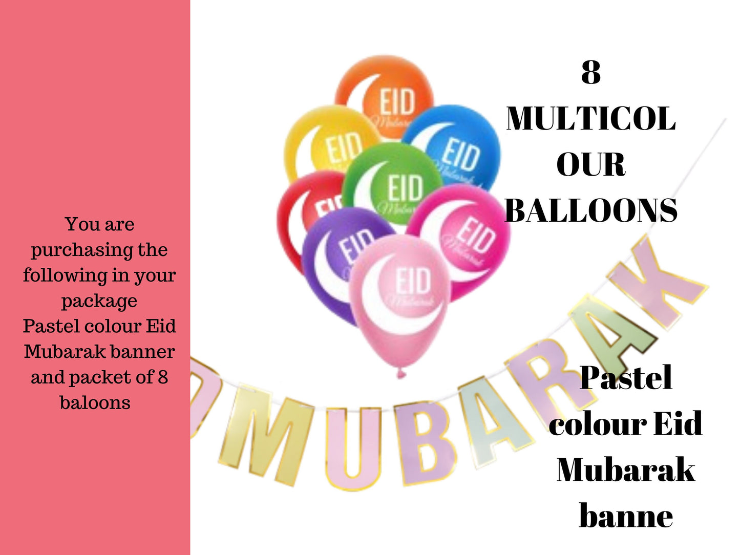 Colorful  Eid Banner and Eight 10 inch Balloons, Eid Mubarak Bunting and Balloon set for Eid party celebration.